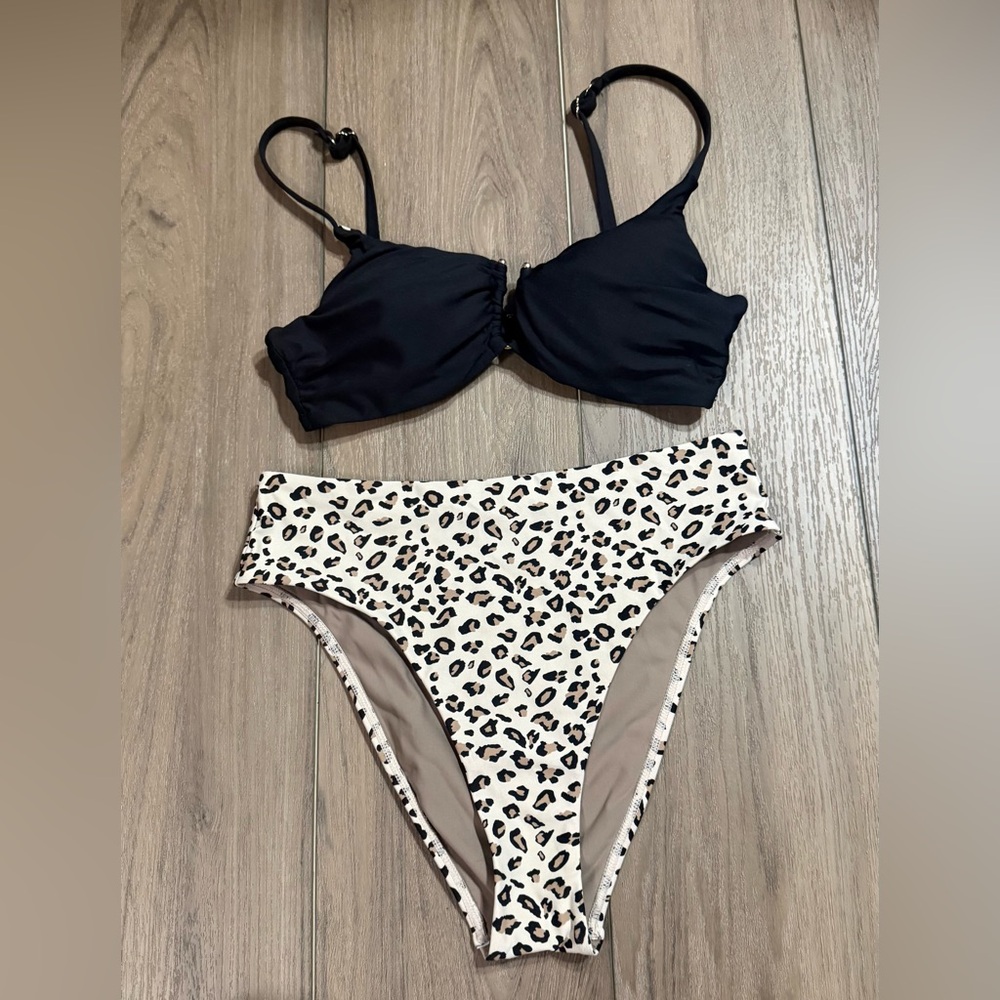 High-Waist Leopard Print Bikini Set - Black Top, Cream Leopard Bottom